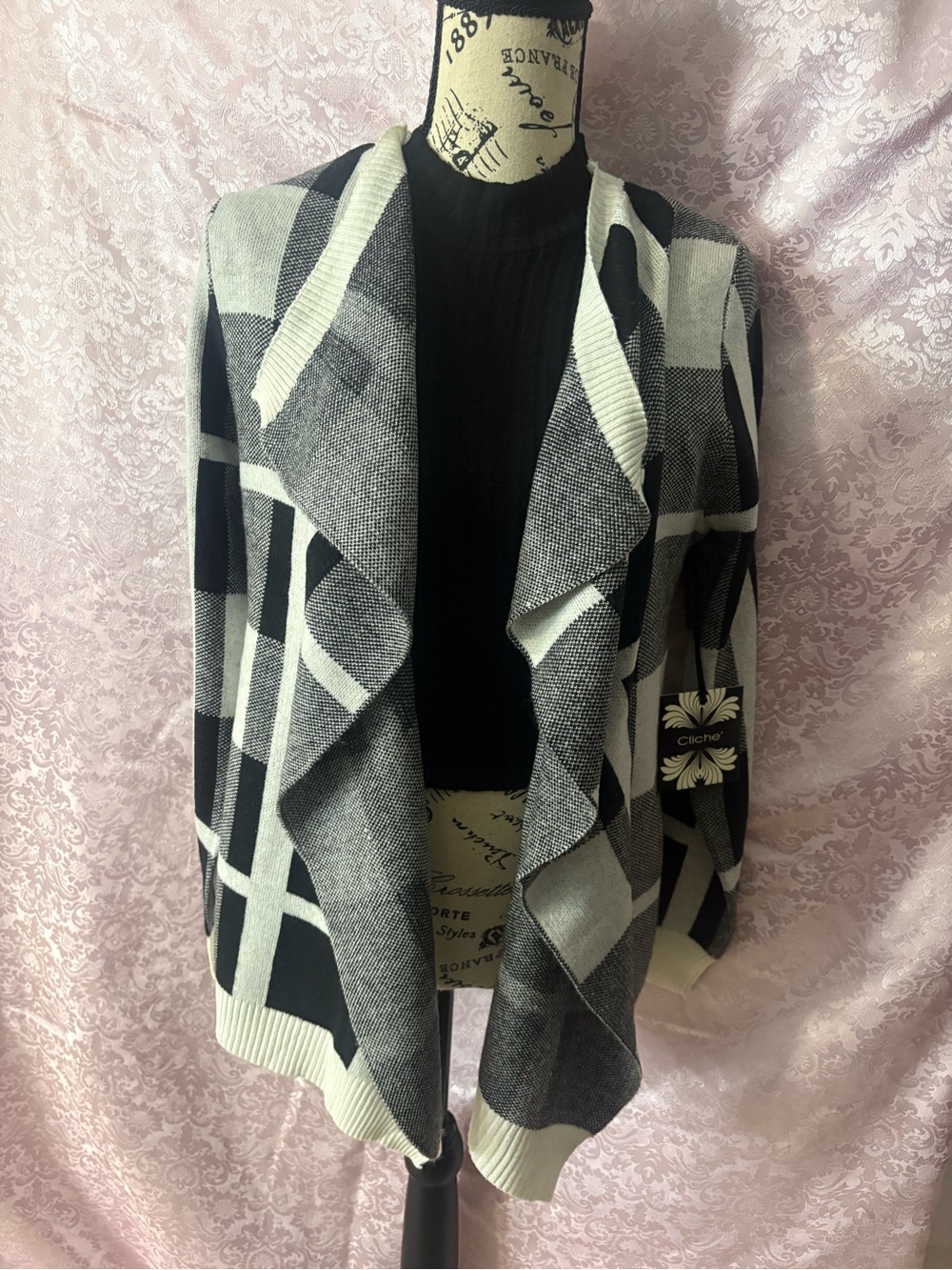 Macy's Black and White Plaid Draped Open-Front Cardigan
